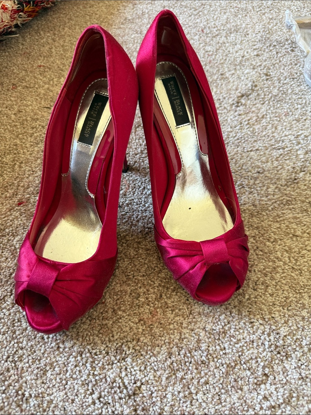 White House Black Market Fuchsia Satin Peep-Toe Heels with Bow